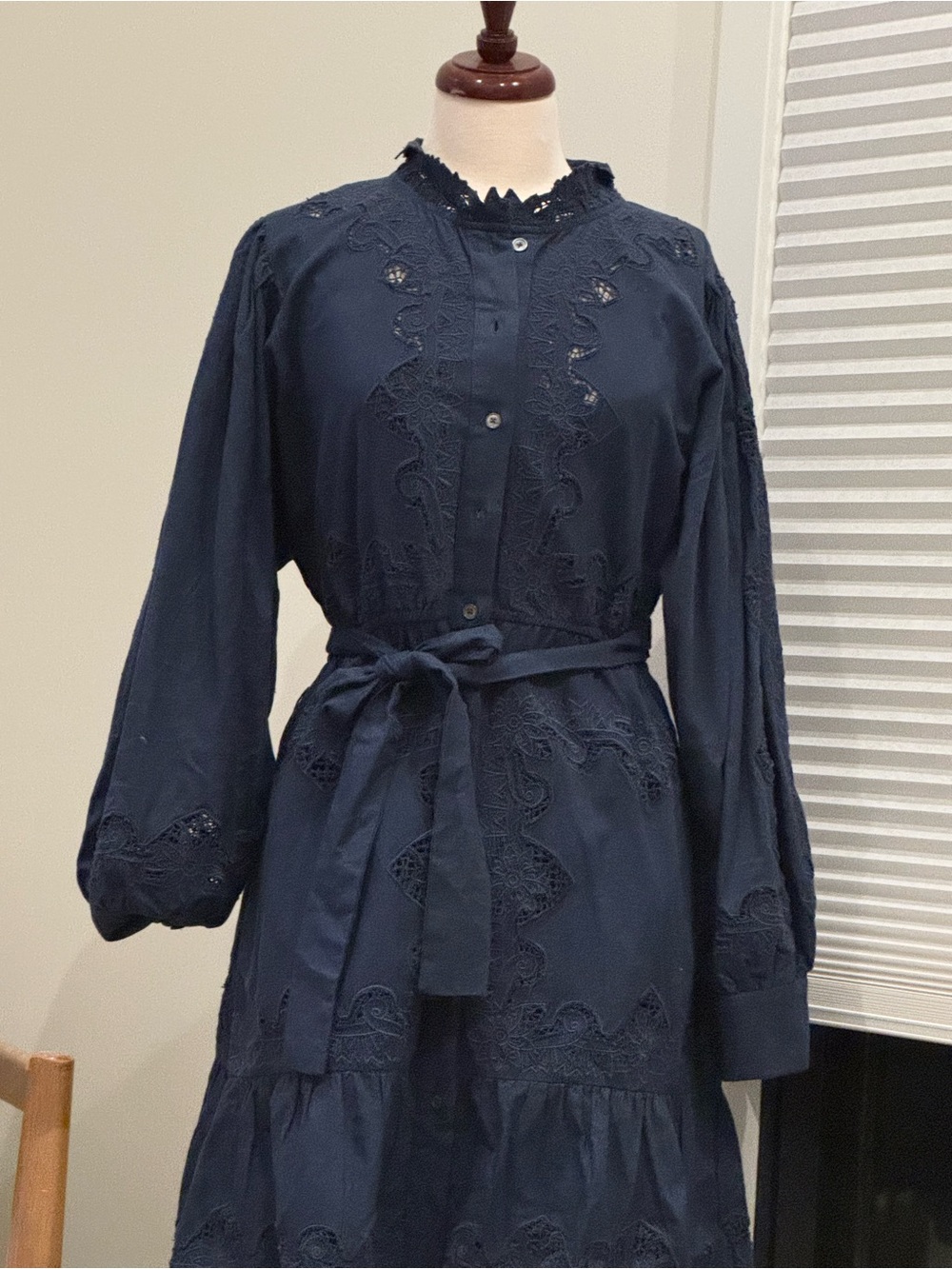 Sea New York Navy Lace-Trim Long Sleeve Maxi Dress